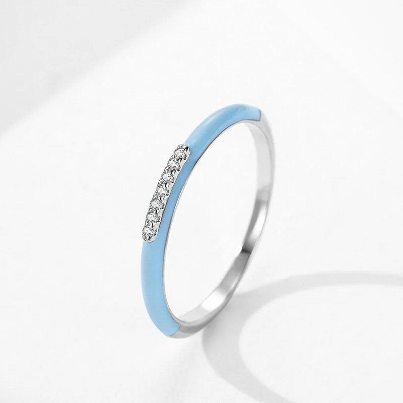 Ailmay 925 Sterling Zilver Eenvoudig Blauw Email Stapelbare Zirkonia Vinger Ring Voor Vrouwen Romantische Bruiloft Verloving Sieraden