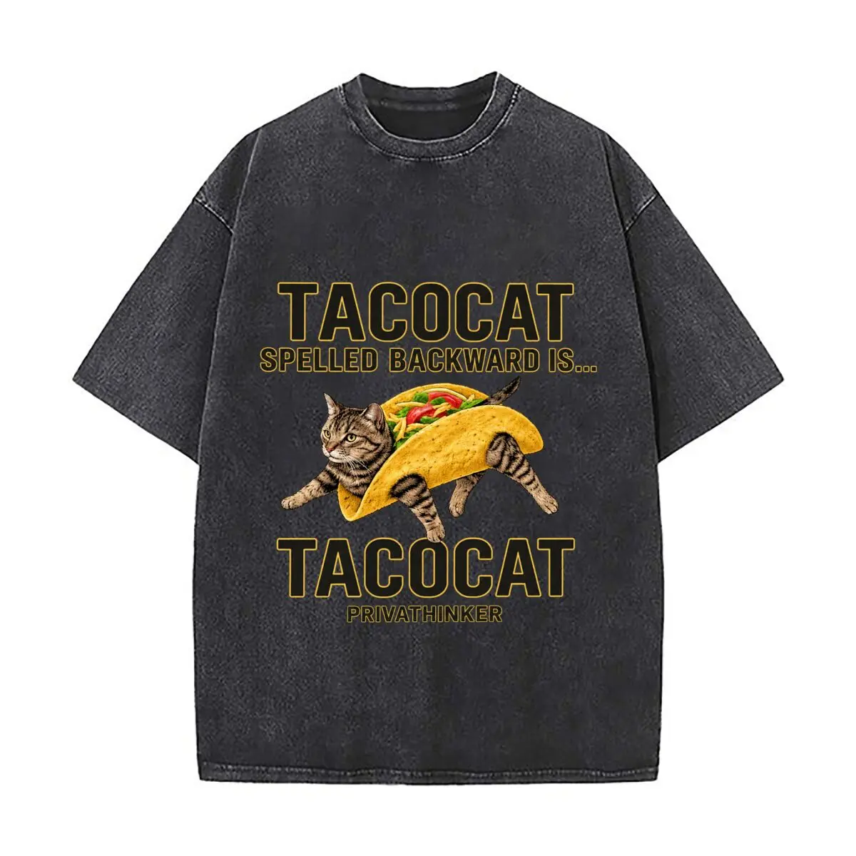 Tacocat Spelled Backward Is Taco Cat Privathinker Washed Vintage Short Sleeve Loose Streetwear Tee