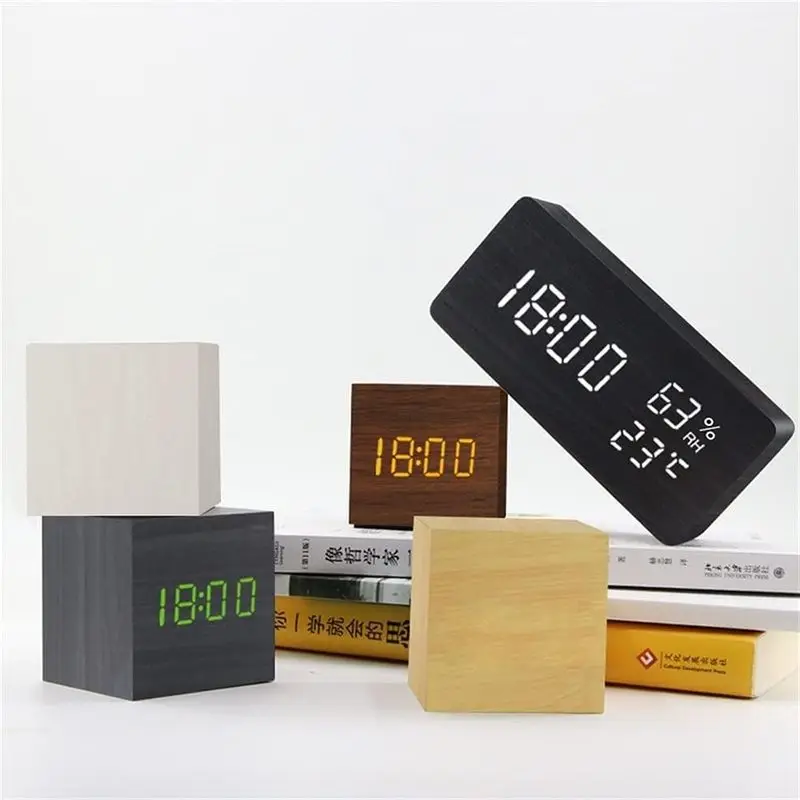 Wooden LED Digital Alarm Clock, Electronic Desktop Sleep Trainer Clock, Wood Table Clock for Bedroom, Voice Activated Wake