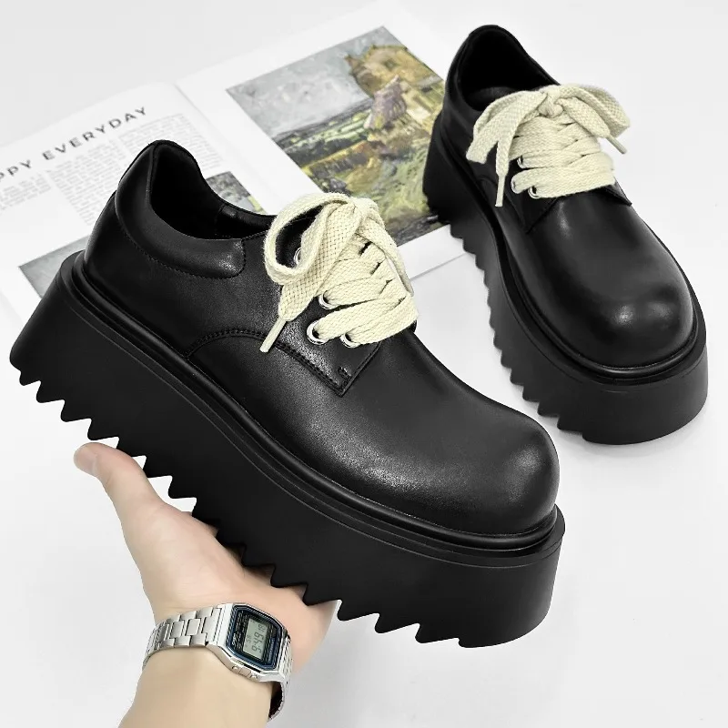 Designer Luxury Height Increasing Platform Leather Shoes Men's Casual Flat Work Wedding Derby Formal Black Roman Style Male