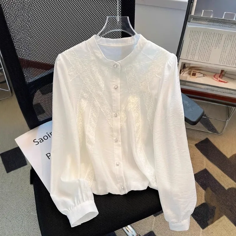 French Lace Splicing Long-sleeved Shirt Women's Early Spring New Foreign Style Round Neck Chic Top Temperament Versatile Shirt