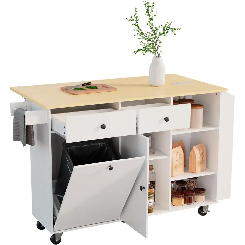 60 Mobile Kitchen Island Cart with Solid Wood Top, Storage, Power Outlet & Drop Leaf, White