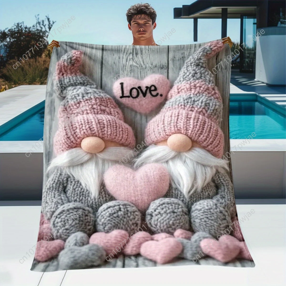 

1pc Gnome with Heart Portable Blanket - Bohemian Flannel All-Season Bedspread Suitable for Sofa, Bed, Travel & Camping - Soft Wa