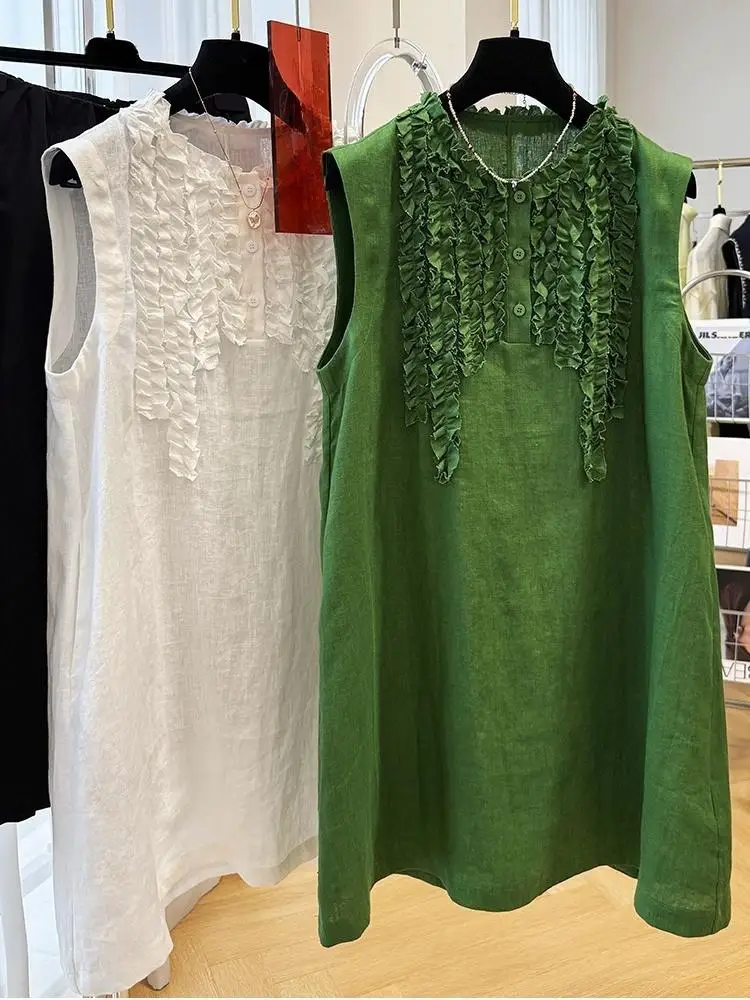 Summer Women's Fashion Sleeveless Dress Casual Loose O-Neck Dress Retro Contrasting Color T-Shirt