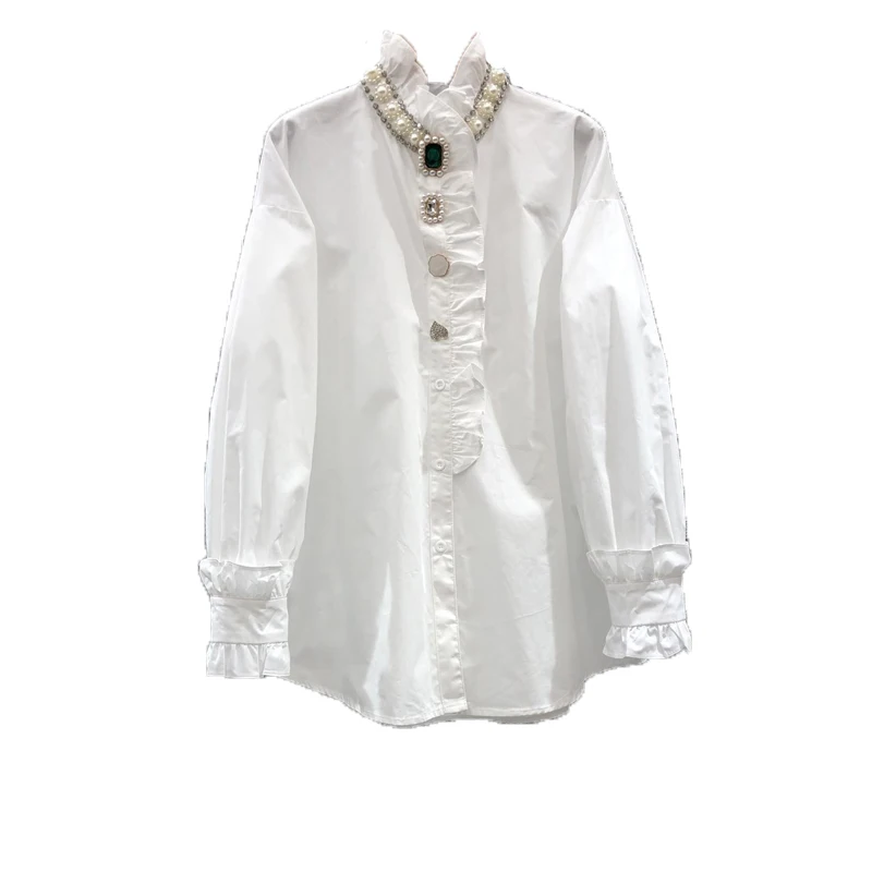 Camisa con volantes y cuentas de diamantes de imitación para mujer, Blusa de algodón de manga larga farol, Top holgado blanco, 2023