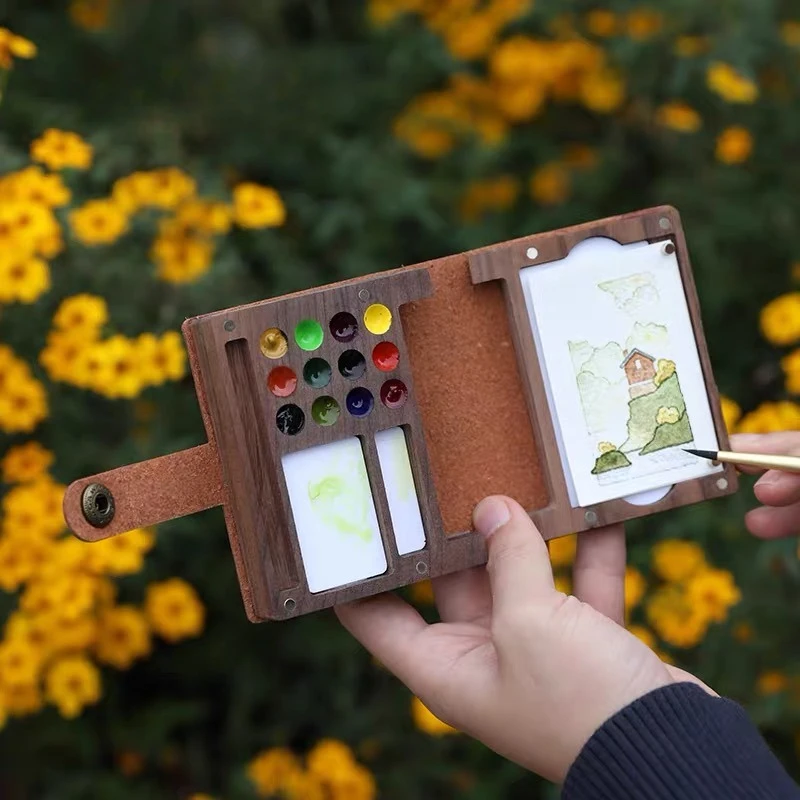 Mini Watercolor Palette 12-Well Walnut Portable Travel Set with Brush Paper for Artists Sketching Outdoor Painting Art Supplies