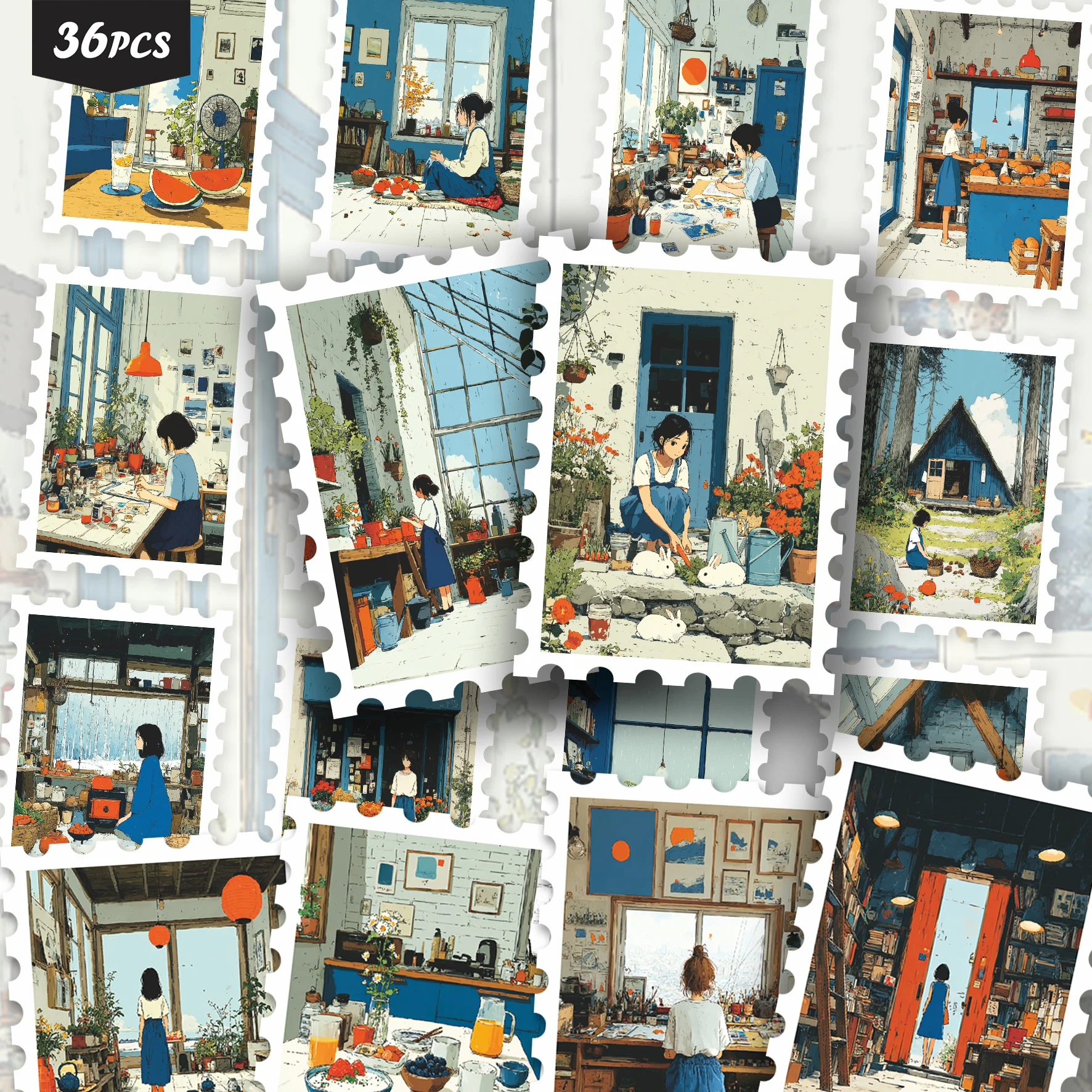 36PCS Blue Tone Cozy Cottage Life Stickers, Warm Hand-Drawn Girl Daily Scene Bright Window Kitchen Garden Rabbit Fruit Plant Rus