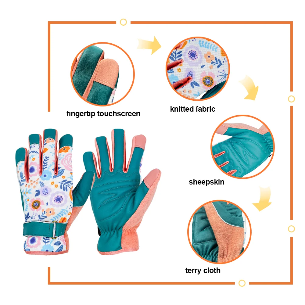 Touch Screen Sheepskin Leather Gloves Nice Pattern Design Reinforced Nail Adjustable Strap Gardening Gloves