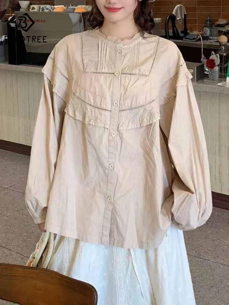 

Новые осенние хлопковые рубашки с длинным рукавом, женские топы с круглым вырезом и оборками, повседневные милые офисные свободные блузки Mori Girl, зима 2024, T48757QC