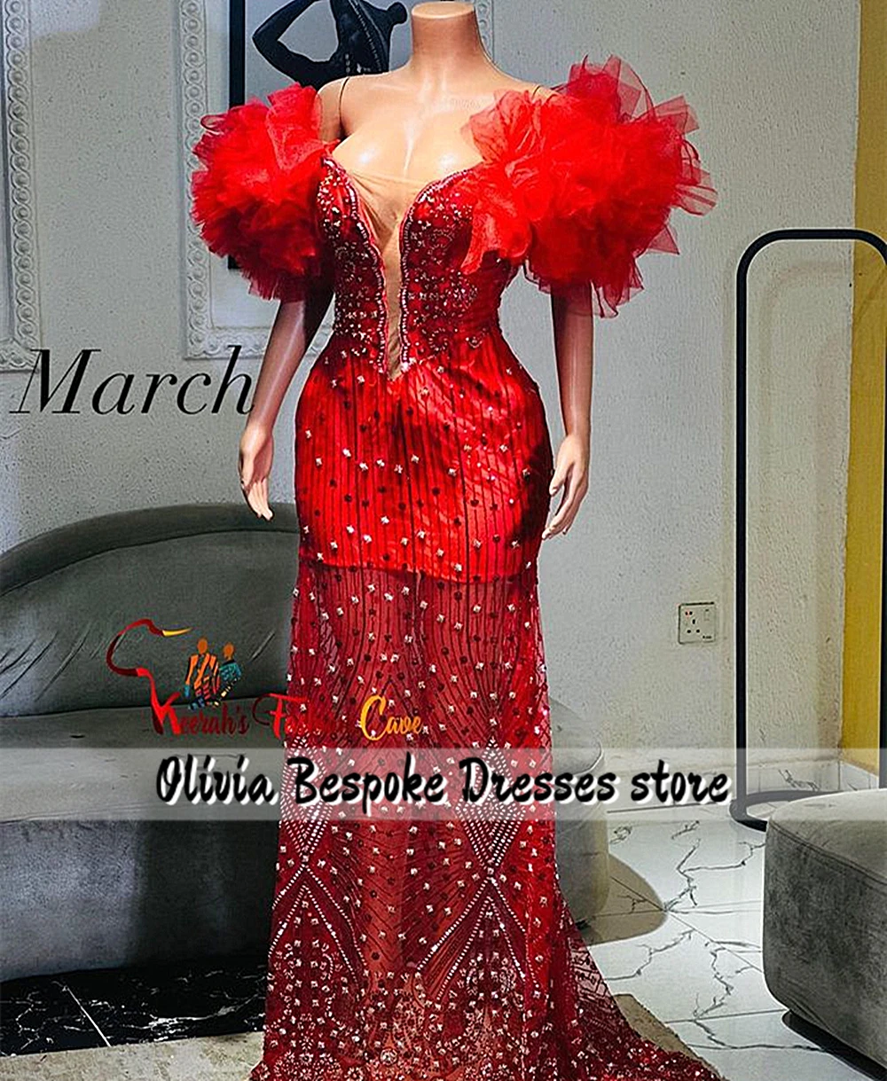 Excellent African Red Mermaid Prom Dresses 2024 Aso Ebi Style Wedding Party Gowns Beaded Rhinestones Ruched Shoulder Birthday