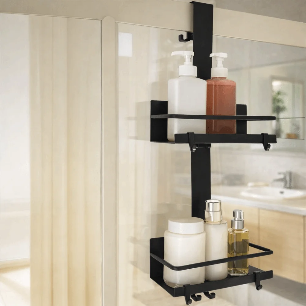 

Stainless Steel Hanging Shower Basket No Drill Large Capacity Bathroom Storage Rack with Hooks Movable Over Door Organizer