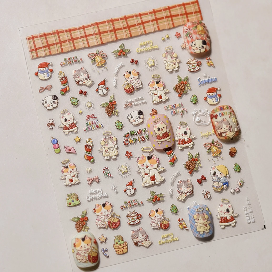 Cat Kitten Star Tree Bell Angel Bowknot Snowman Envelope Pinecone Bone Adhesive Nail Art Stickers Cup Rhinestone Manicure Decals