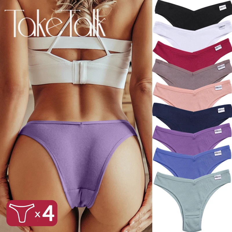 Sexy Cotton Panties for Women V-Waist G-String Thongs Solid Color Female Underwear Low Rise Brazilian Panties Lingerie 4Pcs/Set