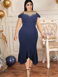 Granatowe sukienki w stylu syreny Plus rozmiar 4XL 5XL Curvy sukienka eleganckie kobiety tiul Patchwork koraliki nieregularne Prom stroje dla pań