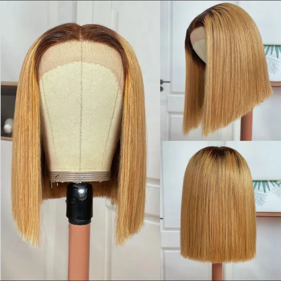 Peluca de cabello humano liso de Color rubio para mujer, postizo de encaje frontal 13x6x1, pelo brasileño Remy Bob corto, Color negro