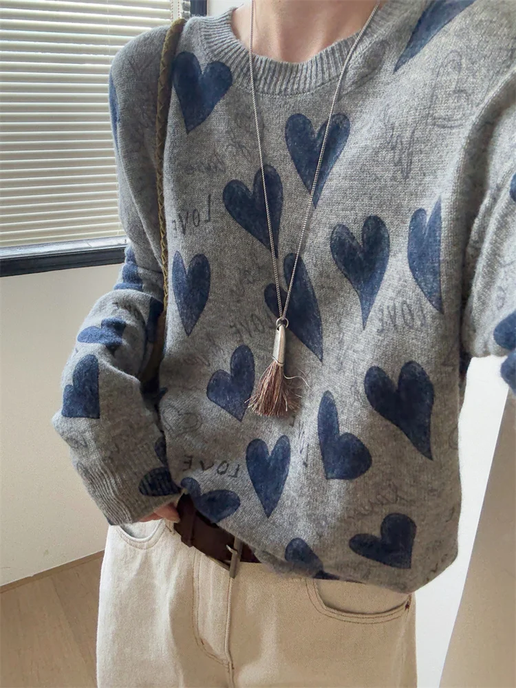 

Loose Fit round Ne Knitted Sweater Women's Base Layer irt Embroidered Heart Design Comfortable Sle Korean Faion