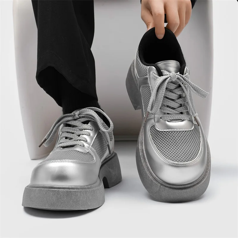 

Shoes for Mens Silvery Big Head Derby Shoes British Style Mesh Casual Platform Men's Leather Shoe Fashion Designer Men's Shoes
