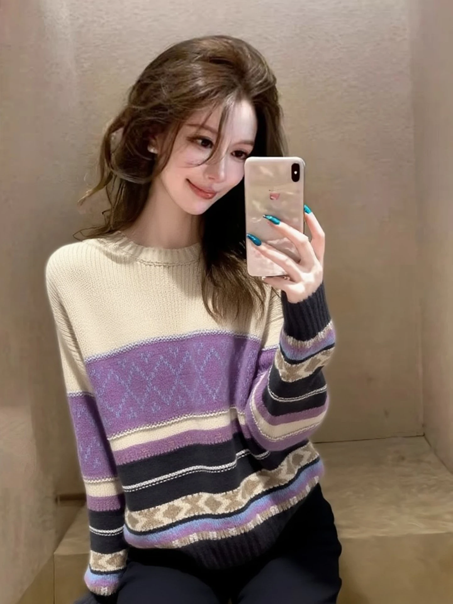 

Модный вязаный свитер с длинными рукавами, удобный, мягкий, в стиле колор-блок, весна 2026, женский, корейский стиль, прямой крой