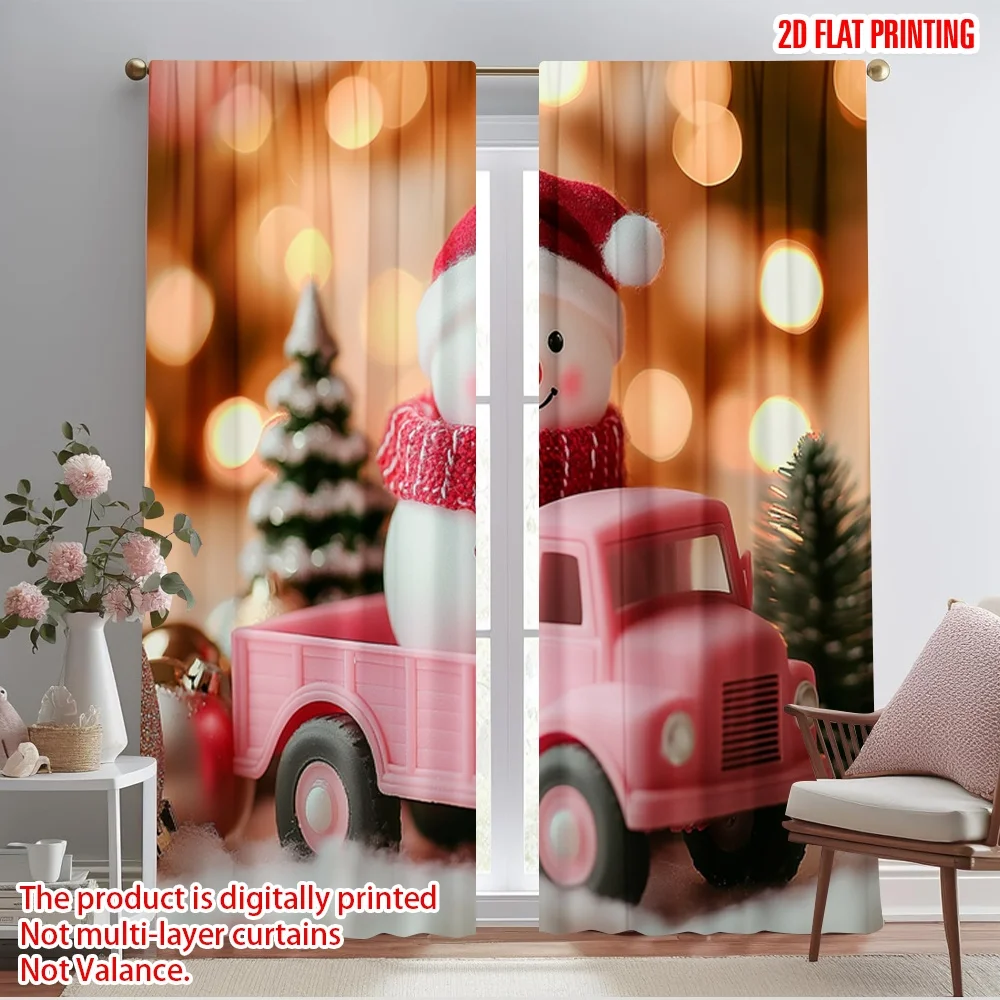 2pcs,2D plane printing Curtains Digital Printed Cute Snowman Truck Christmas Versatile 100% Polyester (without rod) Art Deco