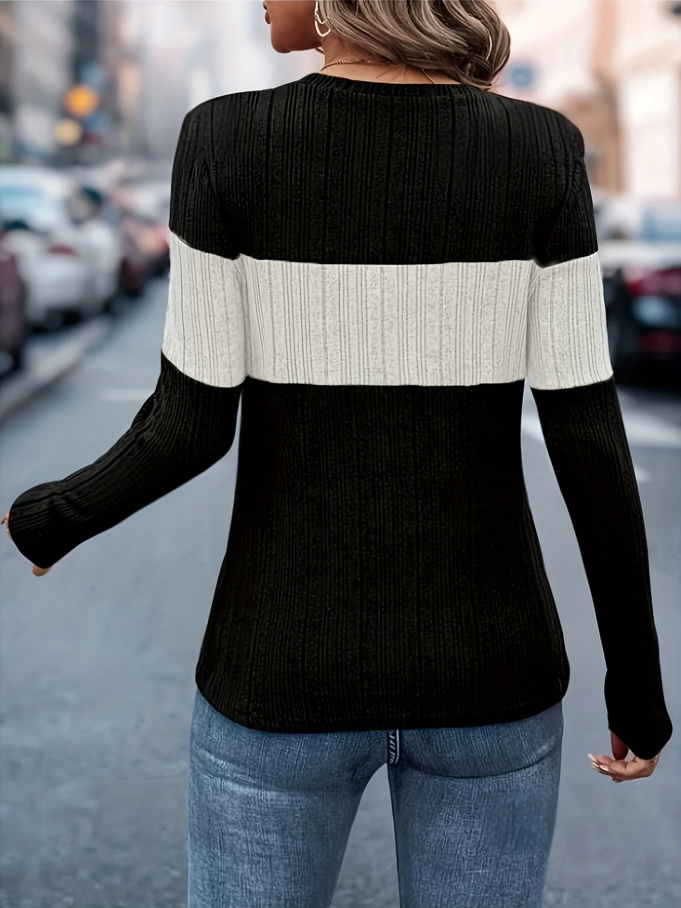 Casual Fitted Three-Tone Rib-Knit Sweater Top Sd23fdebf102c424abb2ce48c084ca68aG