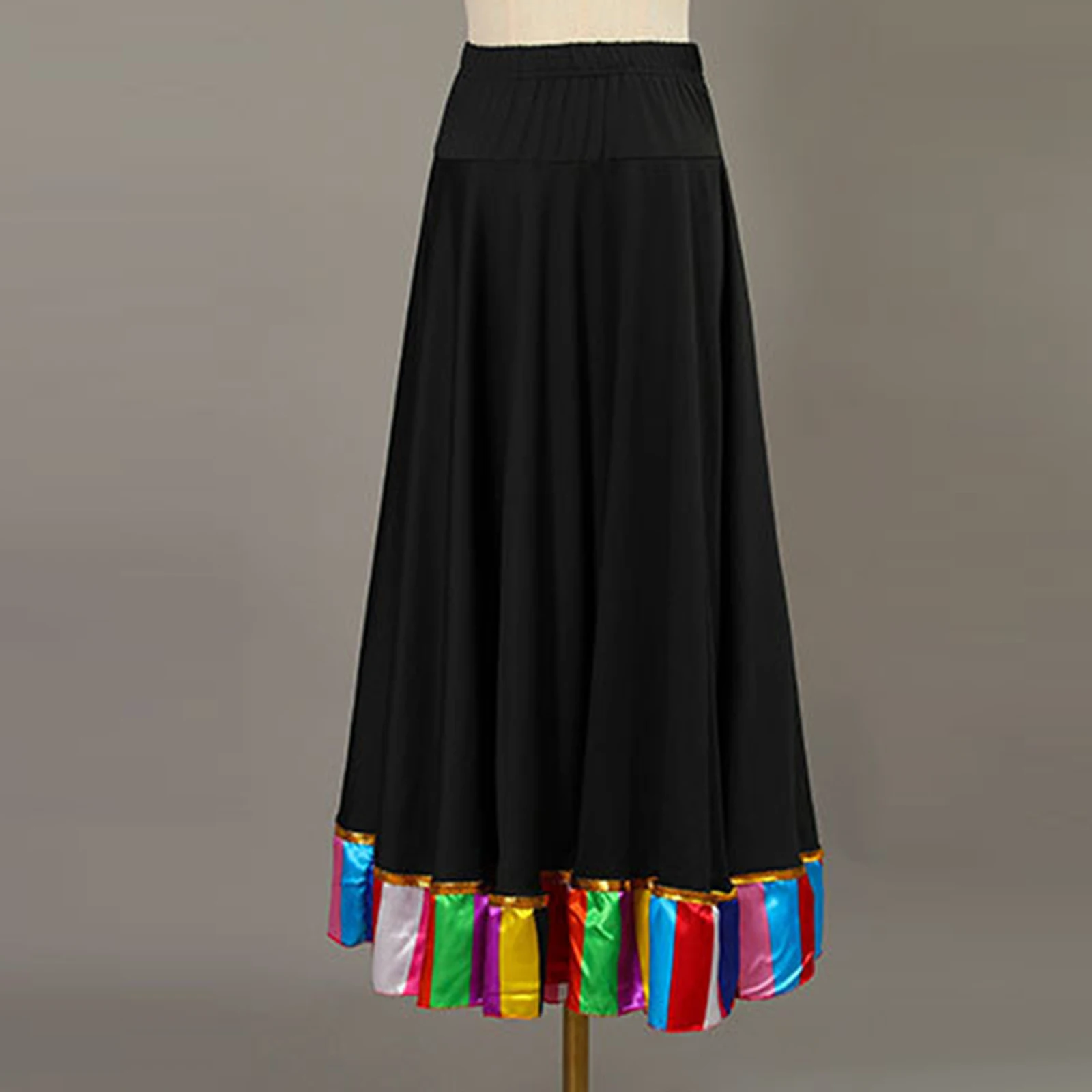 Womens Flamenco Dance Skirt High Waist Colorful Stripe Hem Spanish Folk Midi Swing Skirts Ballroom Stage Performance Costume