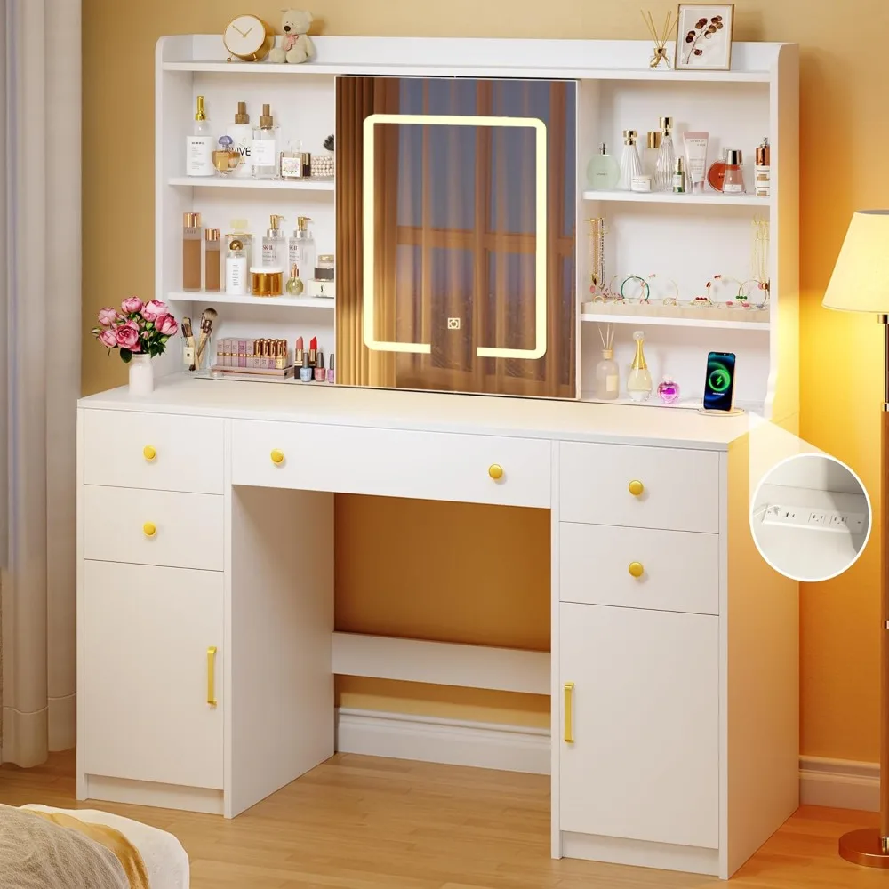 

Vanity Desk with LED Lights & Sliding Mirror, Makeup Vanity with Lights, Power Outlet, White Vanity Desk with 5 Drawers & 2 Cabi