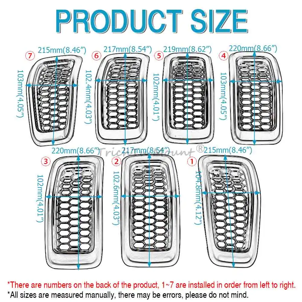 7 Pcs Bumper Upper Grille Compatible With Jeep Cherokee 2014-2018 High Quality Abs Plastic Gray Black/Glossy Black/Chrome Frame