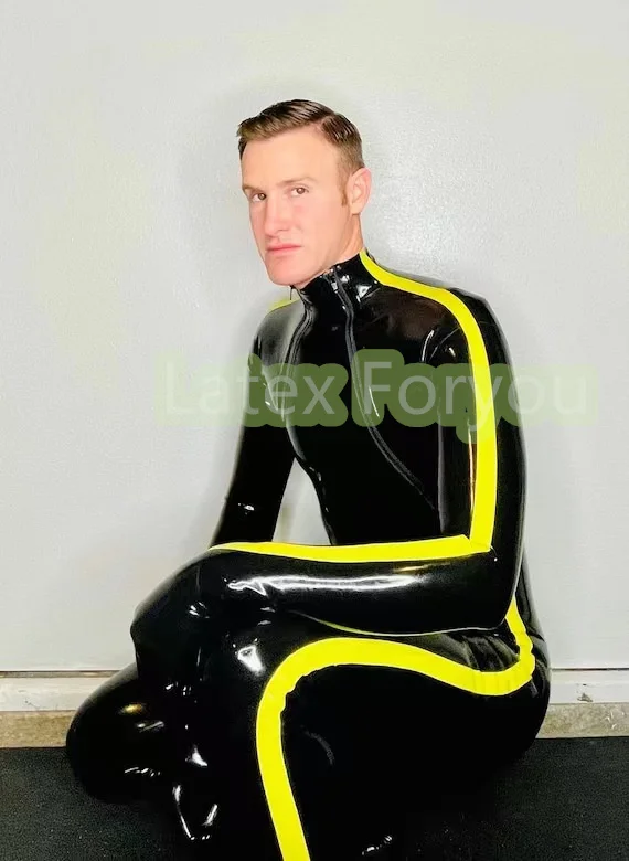 Handmade Men 100% Natural Latex Neckline Entrance Shoulder and Crotch Zipper Catsuit Bodysuit Rubber Jumpsuit With Yellow Trim