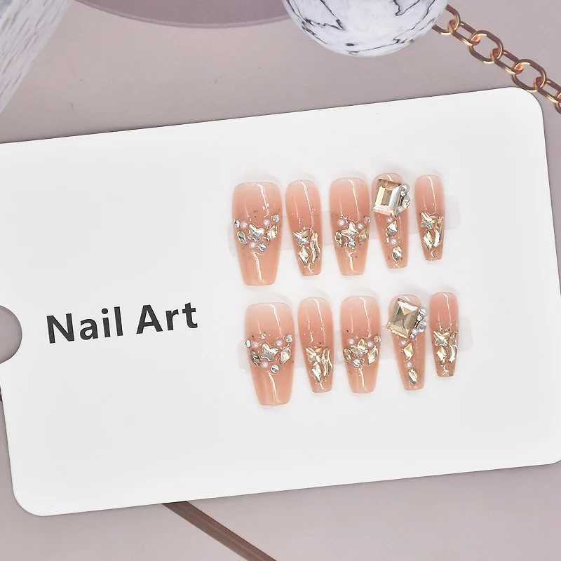 新しいシャンパンロングスタイルの高級ネイルプレスオンネイル