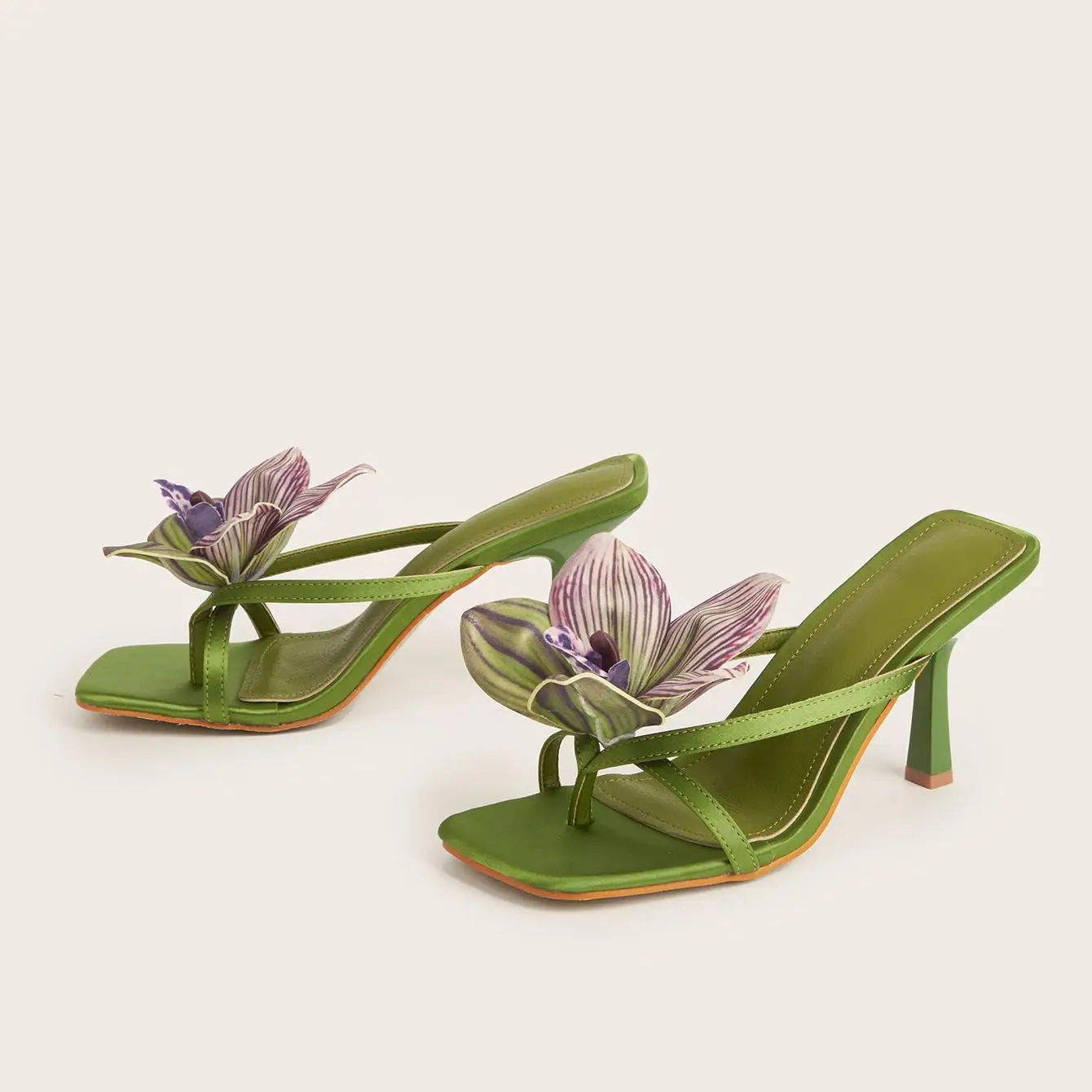 

Green Heels Women's Mules with Heels Sandals Fashion Lily Flowers Satin Square Toe Trip Gift Music Festival Party Summer 2025