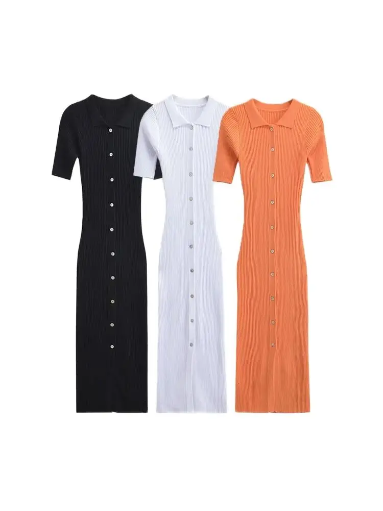 

GELITAYIN TRZA Вязаное платье миди в рубчик с пуговицами для женщин, воротник-поло, короткий рукав, женские платья, шикарная мода