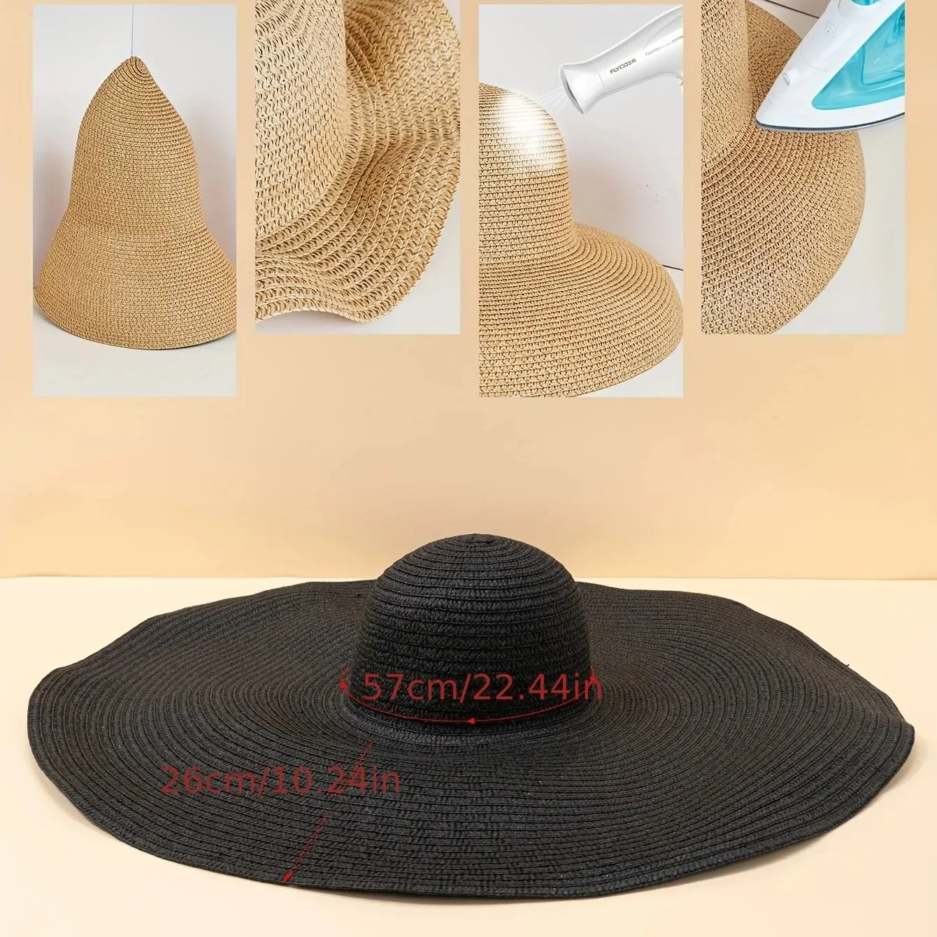 New Spring Summer Wide Brim Black Straw Hat Flat Top Straw Hats For Women Elegant French Retro Sun Hat Designer Hat