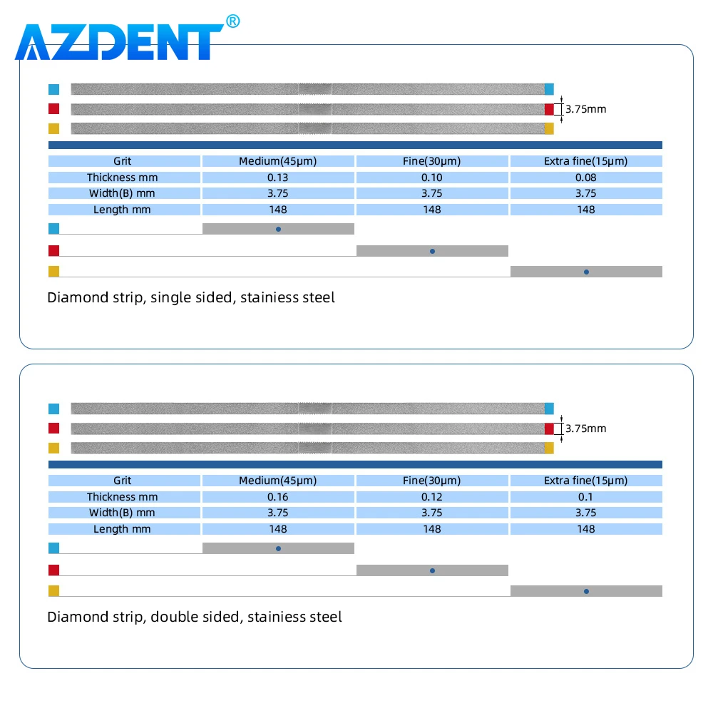 AZDENT 치과 다이아몬드 연마 스트립 모래, 구멍 유무, 단일 양면 연마, 치아 미백, 팩 당 5 개, 15, 30, 45 μm