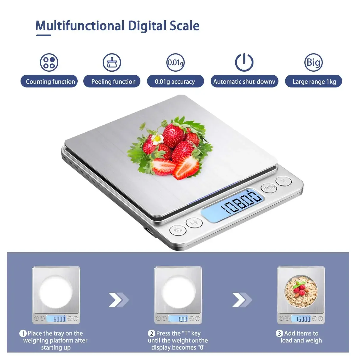 Digital Kitchen Scale 3000g/ 0.1g USB Charging with 2 Trays  Mini Jewelry Pocket Scale with LCD Display Digital Food Scales