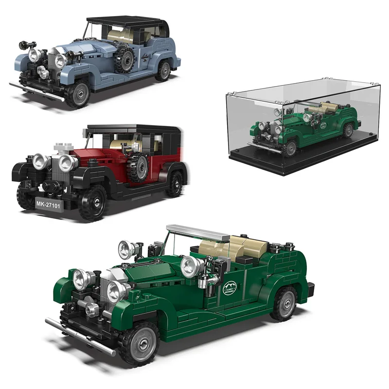 

Ретро автомобили 27105, модель строительных блоков с прозрачной коробкой, сборка для мальчиков 27101/27104, автомобиль, коллекционная машина, MOC, кирпичи, игрушки, подарки
