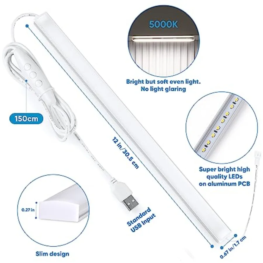Plug Under Cabinet Light Kit with Power Adapter, Dimmer, 2 pcs 12 Inch USB LED Light Bars. Dimmable Linkable for Kitchen Counte view 5