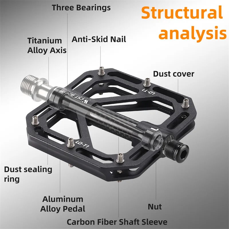 WEST BIKING Ultralight MTB Pedals 3 Bearings Bicycle Titanium Alloy Axle Flat Pedals Carbon Fiber Sleeve Road Bike Pedals LD-T1