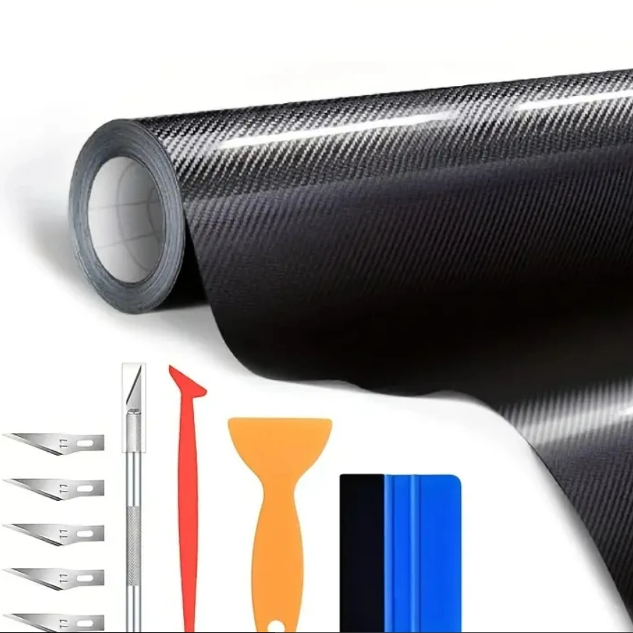 

Black 6D Carbon Fiber Car Wrap - Glossy Finish, Includes 10-Piece Tool Kit, Suitable for Interior and Exterior DIY Modifications