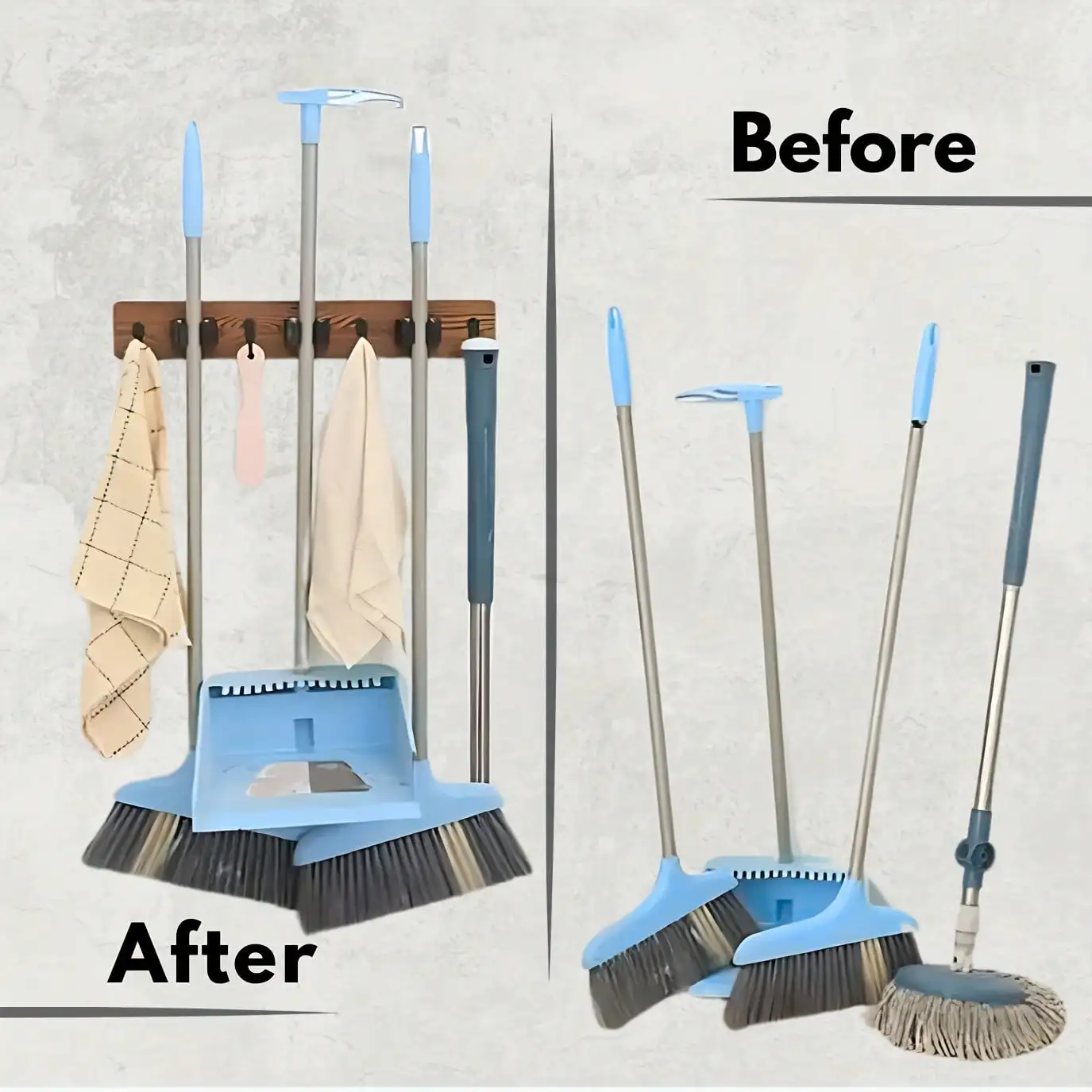 Mop Broom Holder Heavy Duty Stainless Steel WOODEN Wall Mounted Tool Organizer with Hooks for Home Bathroom Kitchen Garden - view 3