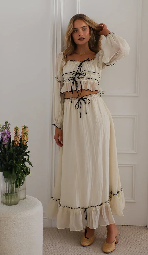 Summer Skirt Two Piece Set Women Chiffon Sexy Off Shoulder Puff Sleeves Cropped Top Long Skirts 2 Piece Sets Vacation Style Suit
