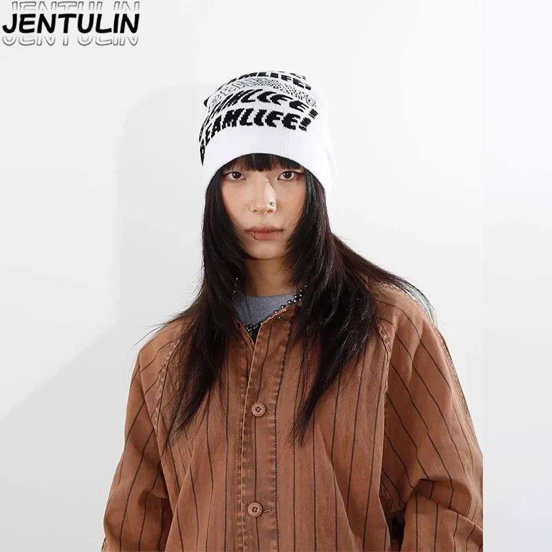 Chapéu feminino gorro de lã y2k malha carta hip hop jacquard streetwear inverno moda coreana pulôver jacquard unissex acessórios