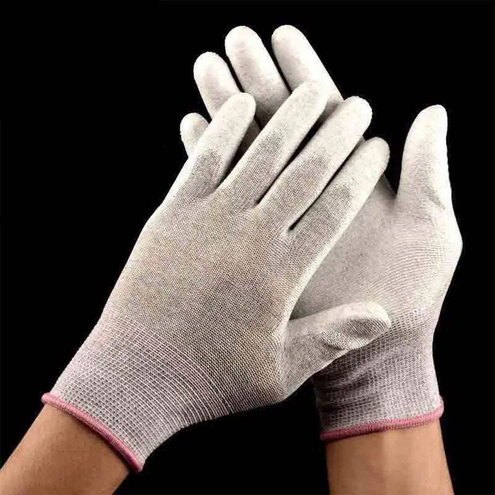 White Anti-static Gloves PU Nylon-Carbon Finger Coating Safety Work Gloves Non-slip Dust-proof Electronic Work Accessories