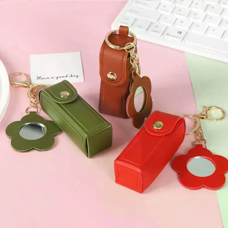 Portable Pu Leather Lipstick Holder Keychain With Flower-Shaped Mirror For Women Girls Handbag Charms Accessory Creative Gift