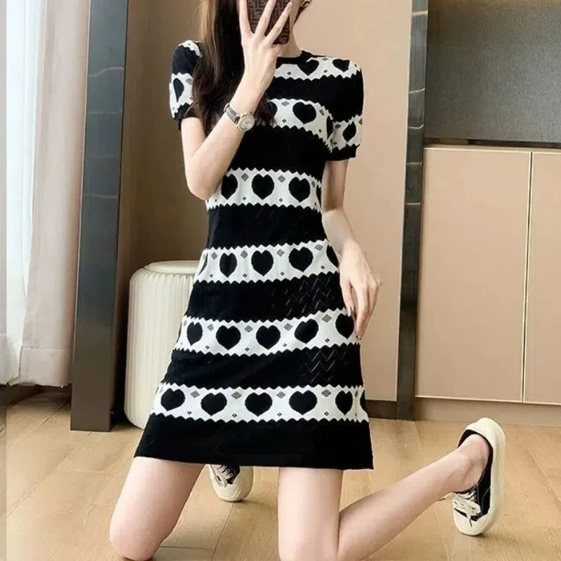 Summer Round Neck Sweater Knitted Geometric Pullover Short Sleeve Casual Women's Clothing Contrast Color Mini Skirts Dresses