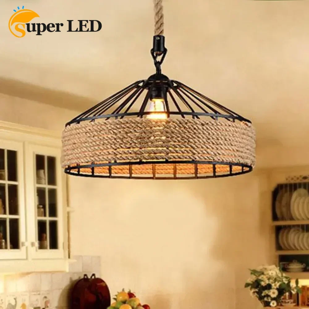 Retro Hemp Rope Indoor Pendant Lights Fixture American Vintage Loft Restaurant Kitchen Hanging Lamp Suspension Round Luminaire