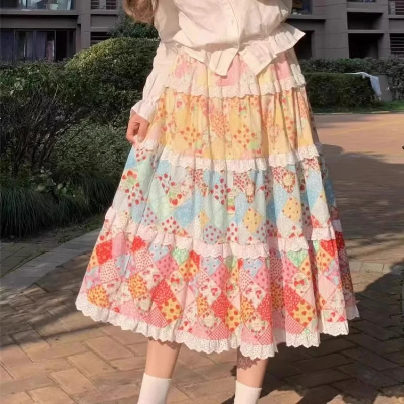 Japanese Original New Women's Clothing Fresh Colorful  A-line Long Skirt 2025 Summer Versatile Cute Splicing Cake Skirts Ladies