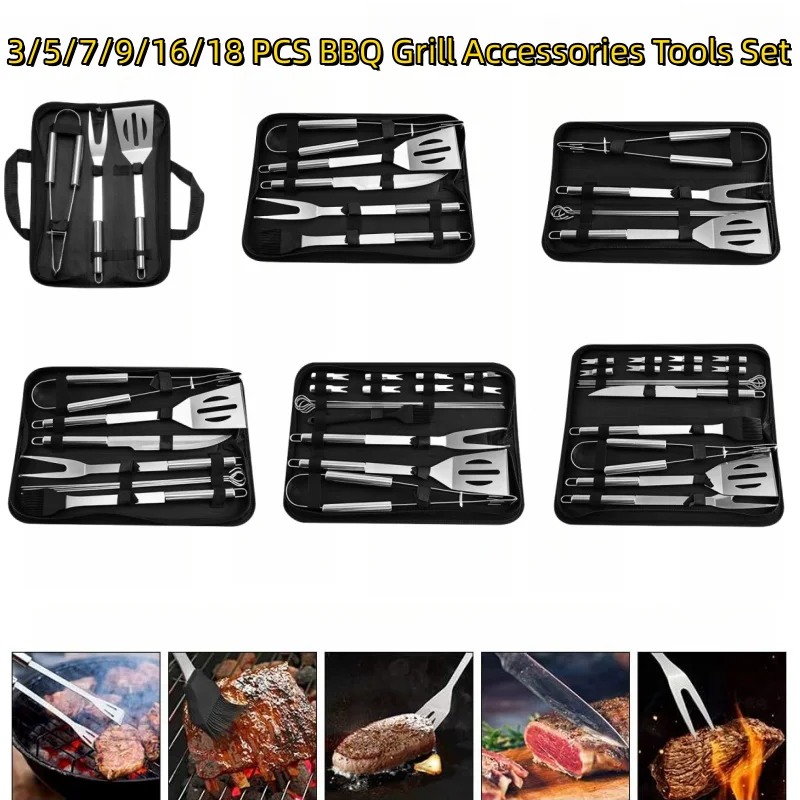 BBQ Grill Accessories Tool Set Portable Case Stainless Steel Barbecue Kit Barbeque Accessorie for Outdoor Picnic Camping Kitchen