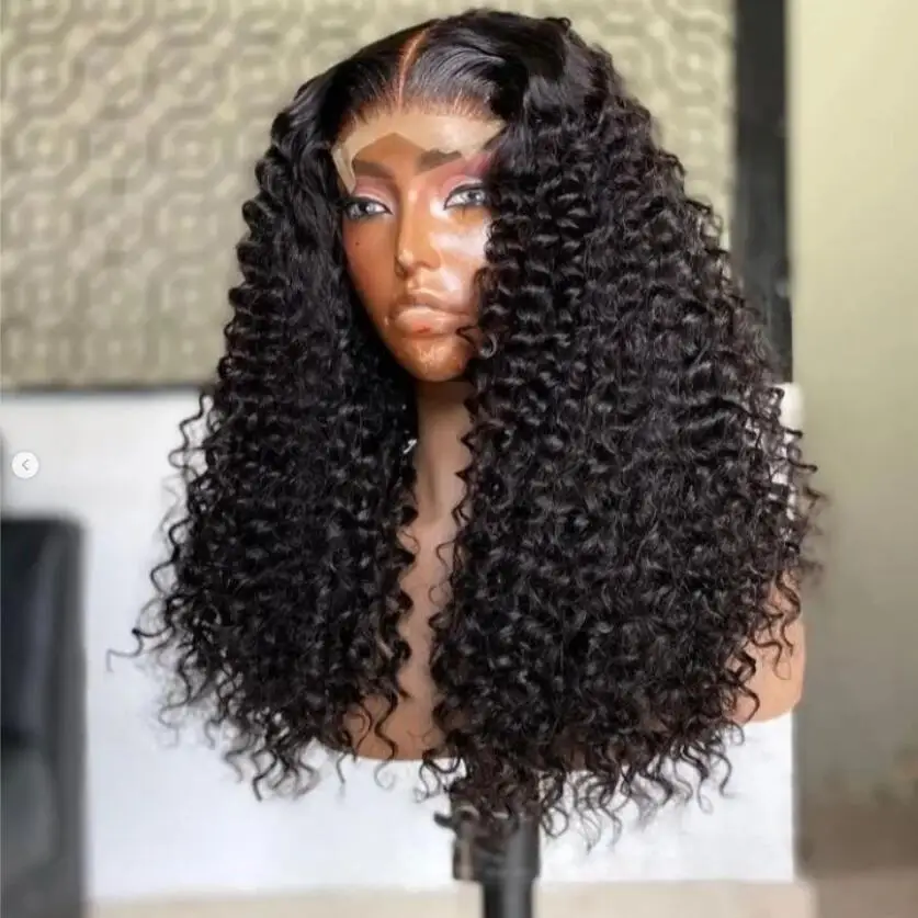 Натуральный Черный Бесклеевой 180 Плотность Мягкий 26-дюймовый Длинный Кудрявый Глубокий Парик Фронта Шнурка Для Женщин С Волосами Младенца Предварительно Сорванные Ежедневно