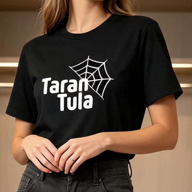 Taran Tula Spider Web Graphic T-Shirt White Black Navy Options Minimalist Typography Streetwear Outfit Casual Spider Lover Tee