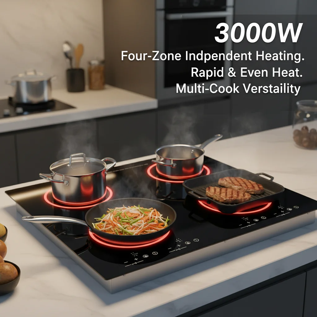Placa de Cocina Eléctrica de Cerámica de 3000W y 4 Quemadores, 110V, 9 Niveles de Calentamiento, Control Táctil con Sensor, Estufa Radiante Integrada para Encimera con Bloqueo de Seguridad para Niños y Temporizador para Cocina (Sin Enchufe), Negra 3